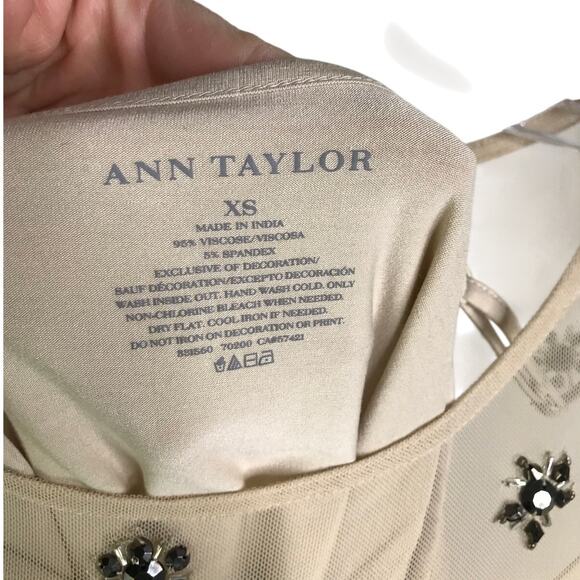 Ann Taylor Top Womens Size XS Cream Nude Mesh W/Gems - Picture 9 of 10